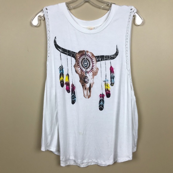 Surf Gypsy Tops - Surf Gypsy Cow Skull Feather Braided Boho Tank Top